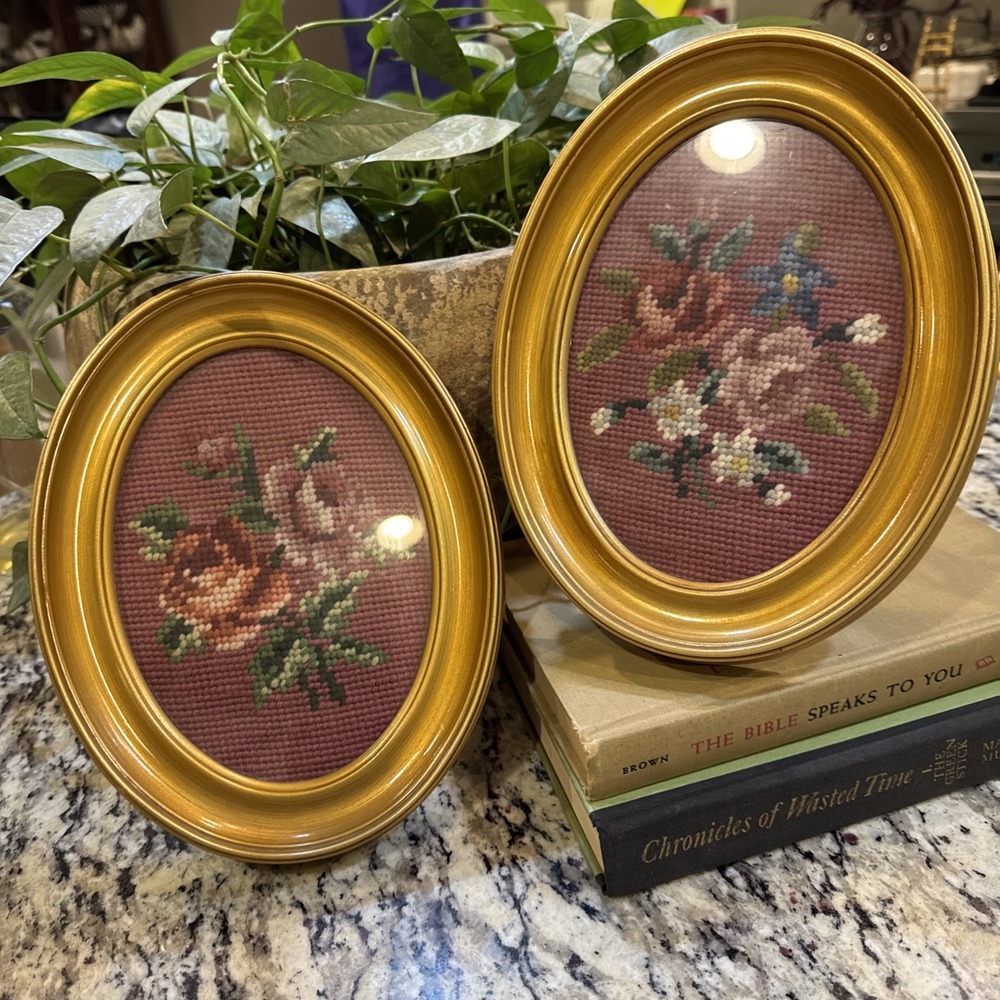 Set of 2 Vintage Needlepoint Floral Wall Art, Gold oval frames, Cottage